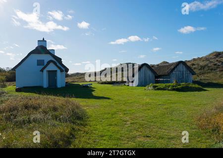 Casa con tetto in paglia e capannone a Rabjerg Mile, Rabjerg Mile, Skagen, Skagens Odde, Jutland, Danimarca Foto Stock