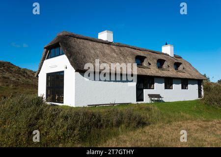 Casa con tetto in paglia a Rabjerg Mile, Rabjerg Mile, Skagen, Skagens Odde, Jutland, Danimarca Foto Stock