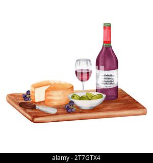 Composizione di formaggio, vino rosso, bottiglia, bicchiere, piatto, olive, coltello su tavola di legno. Illustrazione ad acquerello disegnata a mano isolata su sfondo bianco Foto Stock