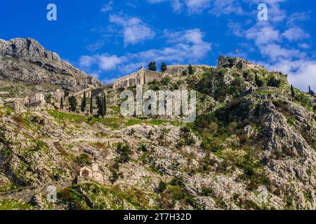 Mura della città e fortezza SV. Ivan, città medievale di Cattaro con vicoli tortuosi, ricca di siti storici, Montenegro, Cattaro, Montenegro Foto Stock