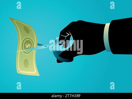 Illustrazione vettoriale del concetto di business della mano di un uomo d'affari con le forbici che tagliano le bollette. Riduzione dei prezzi o dei costi, crisi, concetto di ridenominazione Illustrazione Vettoriale