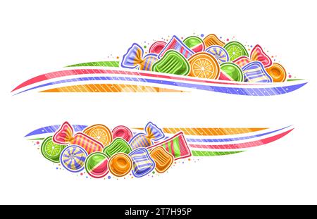 Bordo vettoriale per Candy Store con spazio vuoto per la copia del testo pubblicitario, cartellone decorativo con illustrazione di caramelle rigide multicolore, diffe Illustrazione Vettoriale