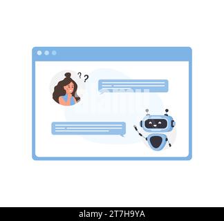 Concetto di chatbot. Donna che chiacchiera con un robot. Assistente aziendale AI. Assistenza clienti online e domande frequenti. Tecnologia di intelligenza artificiale. Vettore Illustrazione Vettoriale