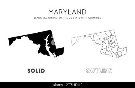 Mappa del Maryland. Mappa vettoriale vuota dello Stato degli Stati Uniti con le contee. Confini del Maryland per la tua infografica. Illustrazione vettoriale. Illustrazione Vettoriale