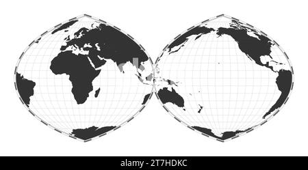 Mappa vettoriale del mondo. Proiezione autenticale quartic interrotta in due emisferi. Mappa geografica del mondo pianeggiante con linee di latitudine e longitudine. Illustrazione Vettoriale