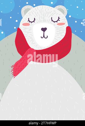 Grazioso orso polare da sogno con gli occhi chiusi, con una calda sciarpa rossa lavorata a maglia. Arte in stile Doodle. Illustrazione verticale per libri per bambini. Punta in feltro per penna Illustrazione Vettoriale