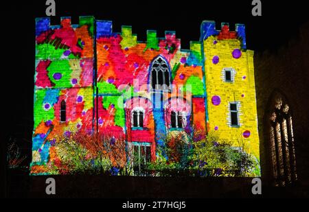 La cattedrale di Durham è illuminata durante un'anteprima di Lumiere 2023, la biennale dell'arte leggera del Regno Unito, tenutasi a Durham e al vescovo Auckland. Per quattro notti, la città medievale diventerà un'esperienza d'arte notturna che ospita opere realizzate con la luce. Data foto: Mercoledì 15 novembre 2023. Foto Stock