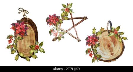 Decorazioni in legno natalizie fatte a mano con fette di legno, fiori e foglie di stella e punta. Illustrazione rustica ad acquerello isolata su bac bianco Foto Stock