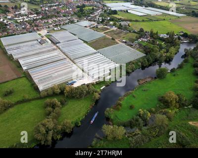 Vista aerea con droni delle serre orticole commerciali su larga scala lungo il fiume Avon, Evesham, Worcs. Settembre 2023 Foto Stock