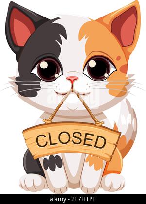 Gatto carino che usa la bocca per tenere uno striscione chiuso in legno Illustrazione Vettoriale