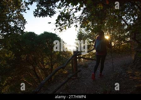 La donna cammina ed esplora le montagne molto presto la mattina. Foto Stock