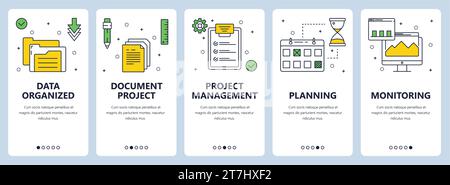 Serie vettoriale di banner verticali con modelli di siti Web Data Organized, Document project, Project management, Planning, Monitoring. fla moderno e sottile Illustrazione Vettoriale