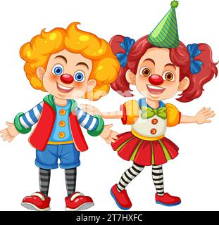 Una celebrazione con adorabili personaggi dei cartoni animati che indossano abiti da clown da circo Illustrazione Vettoriale