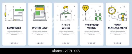 Set vettoriale di banner verticali con contratti, flusso di lavoro, lavoro in ufficio, visione strategica, modelli di siti Web per la gestione del tempo. Moderno stile piatto dalle linee sottili Illustrazione Vettoriale