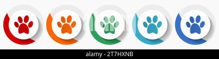 Set di icone vettoriali con impronta animale, design piatto icone tonde colorate in 5 colori per la progettazione Web e le applicazioni mobili Illustrazione Vettoriale