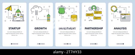 Set vettoriale di banner verticali con modelli di siti Web di startup, crescita, investimenti, partnership, analisi. Design moderno e sottile in stile piatto. Illustrazione Vettoriale