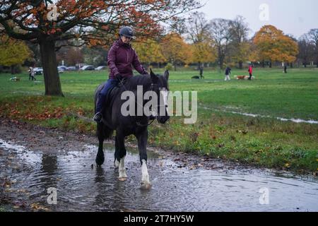 Wimbledon London, Regno Unito. 16 novembre 2023. Cavalieri a cavallo su un Wimbledon Common, a sud-ovest di Londra, in una mattinata fredda e umida, dato che le temperature hanno iniziato a calare con l'avvicinarsi dell'inverno. Crediti: amer ghazzal/Alamy Live News Foto Stock