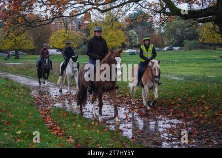 Wimbledon London, Regno Unito. 16 novembre 2023. Cavalieri a cavallo su un Wimbledon Common, a sud-ovest di Londra, in una mattinata fredda e umida, dato che le temperature hanno iniziato a calare con l'avvicinarsi dell'inverno. Crediti: amer ghazzal/Alamy Live News Foto Stock