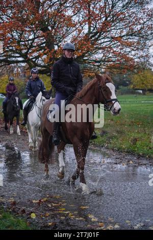 Wimbledon London, Regno Unito. 16 novembre 2023. Cavalieri a cavallo su un Wimbledon Common, a sud-ovest di Londra, in una mattinata fredda e umida, dato che le temperature hanno iniziato a calare con l'avvicinarsi dell'inverno. Crediti: amer ghazzal/Alamy Live News Foto Stock