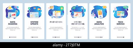 Schermate di onboarding delle app mobili. Memorizzazione e condivisione della sicurezza dei dati, monitoraggio del sistema, analisi dei dati. Modello di banner vettoriale per siti Web e dispositivi mobili Illustrazione Vettoriale