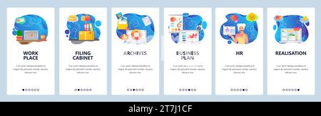 Schermate di onboarding delle app mobili. Grafici e presentazioni aziendali, computer per ufficio, luogo di lavoro, piano aziendale. Modello banner vettoriale di menu per il sito Web a Illustrazione Vettoriale