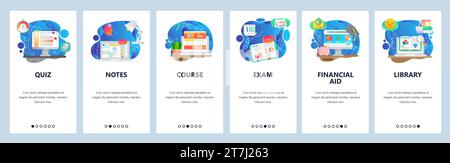 Schermate di onboarding delle app mobili. Istruzione, libri in biblioteca, corso online, prendere appunti. Modello di banner vettoriale per lo sviluppo di siti Web e dispositivi mobili. Noi Illustrazione Vettoriale