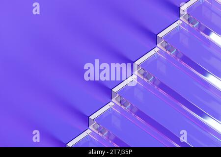 Illustrazione 3D la scala ascendente trasparente sale in una stanza viola vuota. Crescita aziendale, progresso e raggiungimento del concetto creativo Foto Stock