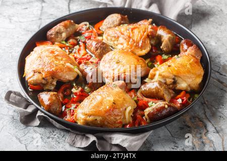 Cosce di pollo brasate, peperoni e salsiccia in aceto, tipo di brodo piccante primo piano sul piatto sul tavolo. Orizzontale Foto Stock