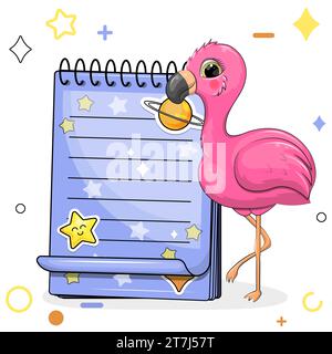 Un simpatico fenicottero rosa con un quaderno blu con adesivi. Illustrazione vettoriale di un animale su sfondo bianco con stelle, cerchi. Illustrazione Vettoriale