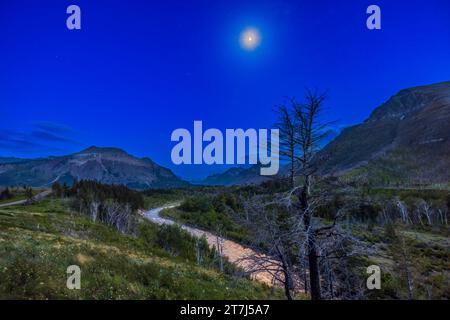 Una scena al chiaro di luna della Blakiston Valley nel Waterton Lakes National Park, Alberta, 29 maggio 2023. La luna gibbosa cerata è nella cornice in alto, provvidd Foto Stock
