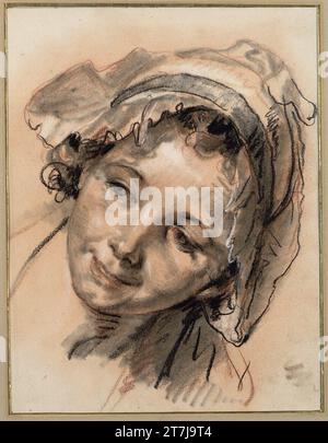 Jean-Baptiste Greuze capo di una ragazza sorridente. Gesso pastello bianco e nero, carbone, rossastro, sfondo pulito con un rossastro intorno al 1765 Foto Stock