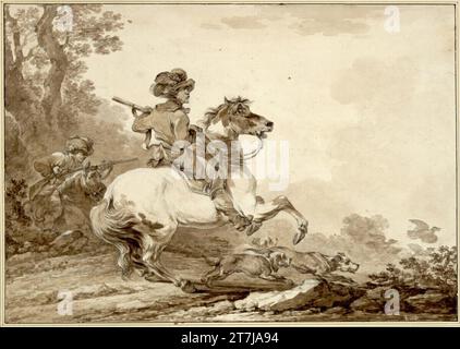 Ignace Duvivier due cacciatori a cavallo. Gesso nero, Bister, lavato Foto Stock