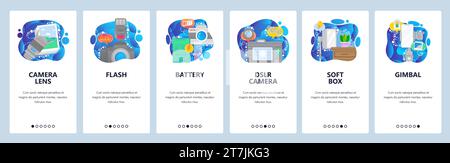 Schermate di onboarding delle app mobili. Fotocamera digitale e flash, fotografia, obiettivo, gimbal. Modello di banner vettoriale per lo sviluppo di siti Web e dispositivi mobili Illustrazione Vettoriale