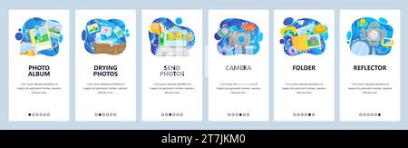 Schermate di onboarding delle app mobili. Scatta e sviluppa foto, fotografia digitale, fotocamera, album fotografico, luce. Modello di banner vettoriale per siti Web e dispositivi mobili Illustrazione Vettoriale