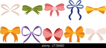 Adorabili tendine a nastro disegnate a mano in stile piatto. Versatile Bowknot Collection per decorazioni eleganti. Un'ampia gamma di bocce. Illustrazione Vettoriale