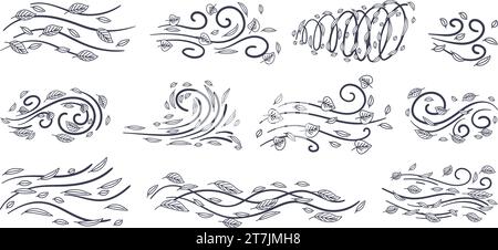 Linea di movimento del vento a fumetti con collezione di foglie. Seson autunnale, colore bianco e nero. Set di illustrazioni vettoriali disegnate a mano Illustrazione Vettoriale