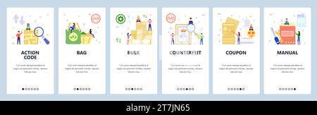 Schermate di onboarding delle app mobili. Guida, codice QR, magazzino, certificato falso. Modello di banner vettoriale per lo sviluppo di siti Web e dispositivi mobili. Web si Illustrazione Vettoriale