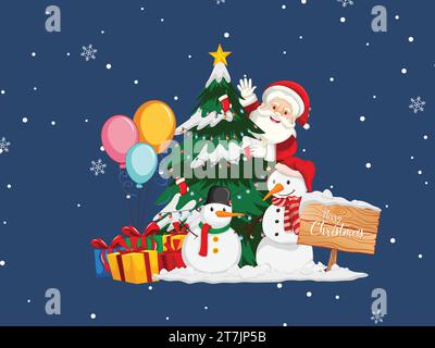 Babbo Natale con albero di Natale e pupazzo di neve di notte Illustrazione Vettoriale