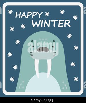 Simpatico tricheco su sfondo blu innevato. Poster invernale dei cartoni animati. Cartolina vettoriale Illustrazione Vettoriale