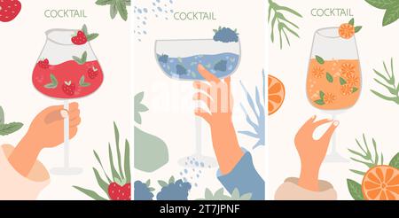 Set vettoriale di cocktail assortiti con design piatto. La collezione include bevande classiche in diversi bicchieri adatti ai menu. Offre sia bevande analcoliche che alcoliche, per festeggiare le vacanze Illustrazione Vettoriale