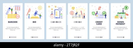 Schermate di onboarding delle app mobili. Asta, cashback, carta di credito, assegno, acconto, programma di prestito. Modello di banner vettoriale di menu per siti Web e mo Illustrazione Vettoriale