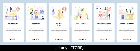 Schermate di onboarding delle app mobili. Attività di investimento di denaro e banche, sottoscrizione, estratto conto, conto bancario, consulente finanziario. Menu banner vettoriale Illustrazione Vettoriale