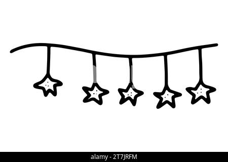 Doodle Christmas Garland. Festoon disegnato a mano isolato su sfondo bianco. Delinea le decorazioni natalizie con le lampadine Stars. Illustrazione vettoriale per Illustrazione Vettoriale