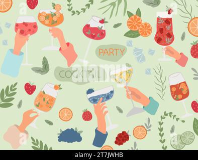 Amici con una vasta scelta di cocktail classici. Bevande assortite come Mojito, Mimosa e Aperol Spritz in vari bicchieri. Bevande alcoliche perfette per l'esposizione di menu, poster e banner web.Vector Illustrazione Vettoriale