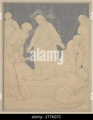 Friedrich Overbeck Grablegung. Gesso nero, brunastro grezzo lavato, traccia con pennello bianco a treccia su carta giallastra, sfondo di colore blu-viola, dipinto con pennello in grigio cornice illusionisticamente dipinta 1861 , 1861 Foto Stock