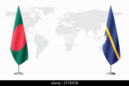 Bangladesh e Nauru bandiere per un incontro ufficiale sullo sfondo della mappa mondiale. Illustrazione Vettoriale