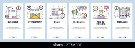 Schermate di onboarding delle app mobili. E-mail, spam, servizio di feedback. App di messaggistica mobile. Modello di banner vettoriale per lo sviluppo di siti Web e dispositivi mobili. Noi Illustrazione Vettoriale