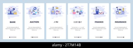 Schermate di onboarding delle app mobili. Servizi bancari e finanziari, asta, atm, conto di deposito, assicurazione. Modello banner vettoriale di menu per websit Illustrazione Vettoriale