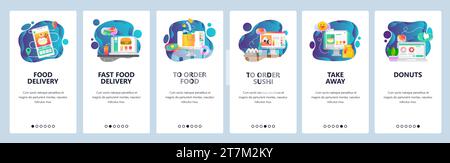 Schermate di onboarding delle app mobili. Consegna di cibo, ordina generi alimentari nel negozio online. Modello di banner vettoriale per lo sviluppo di siti Web e dispositivi mobili. Sito Web Illustrazione Vettoriale