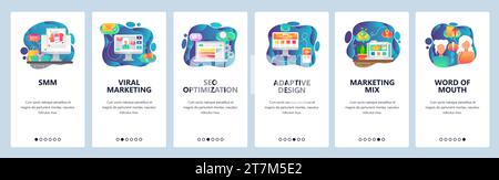 Schermate di onboarding delle app mobili. Marketing digitale online, SMM, SEO, marketing virale. Modello di banner vettoriale per lo sviluppo di siti Web e dispositivi mobili. Noi Illustrazione Vettoriale